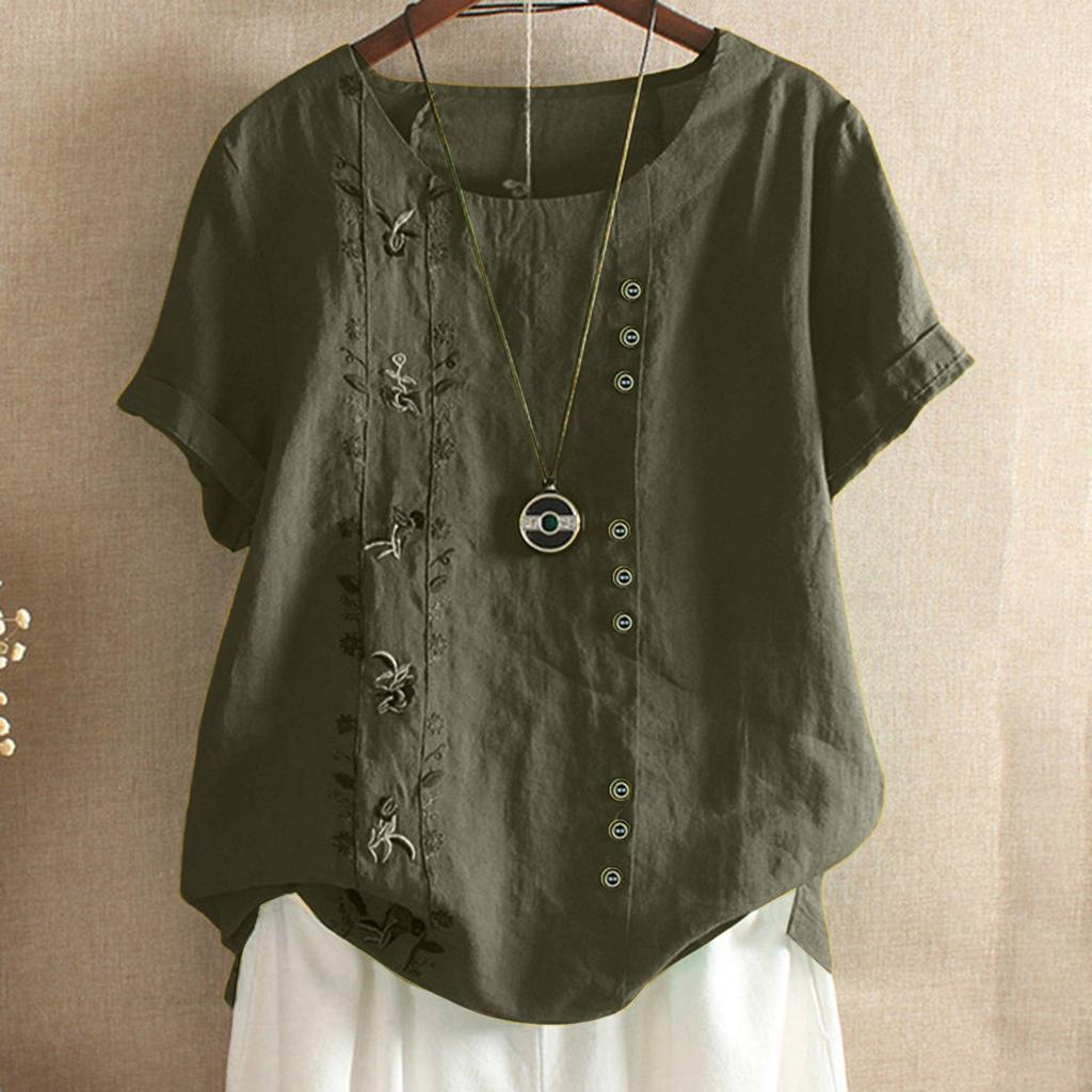 Women's Fashion  Color Loose Casual Round Neck Cotton Linen Top