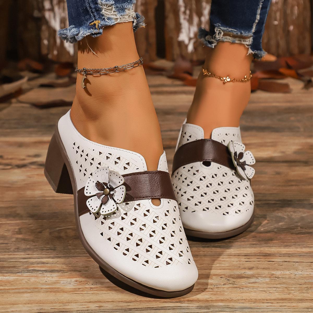 

Hollow ethnic style thick heel half drag women s Korean version summer new flower bag head slippers new mother sandals 41 белый
