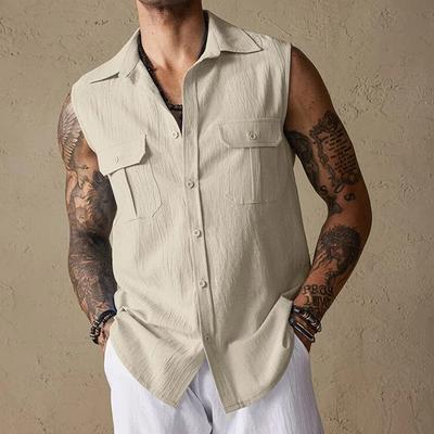 Summer Men's Sleeveless Casual Shirt Pure Color Pocket Design Turn-down Collar Button Up Top Fashionable Comfortable Shirts
