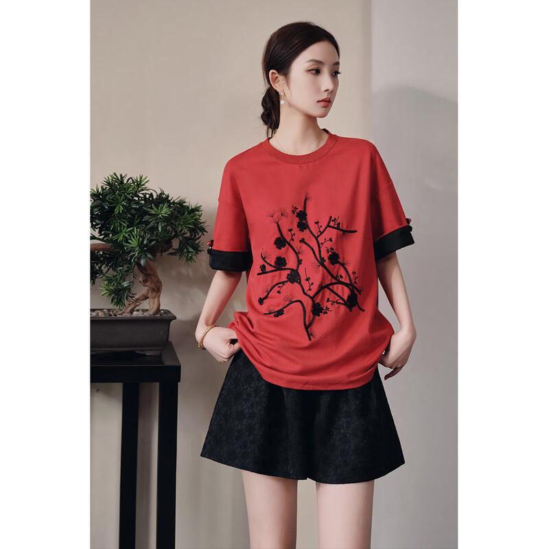 JK&JS Embroidered Plum Blossom Cotton T-shirt S