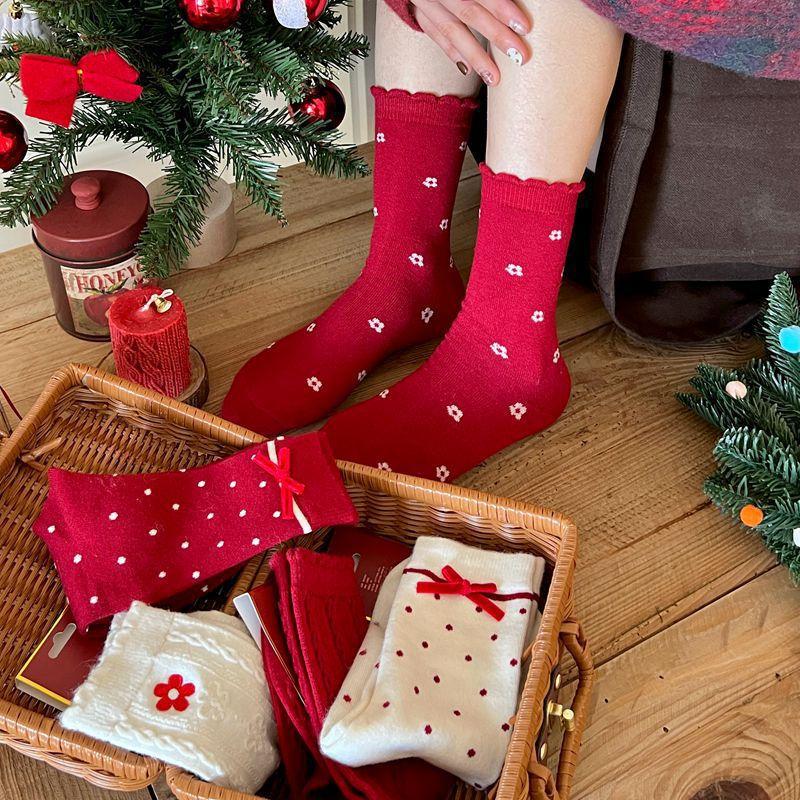 Velvet Bow New Year'S Socks, Exquisite Rabbit Plush Mixed Warm Big Red Socks