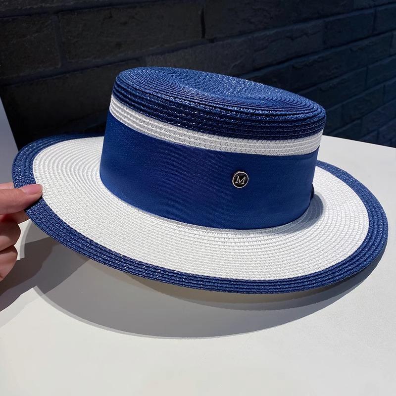 Niche Chic Flat Top Straw Hat Women's Summer Versatile Big Brim Sun Hat British Retro M Standard Top Hat