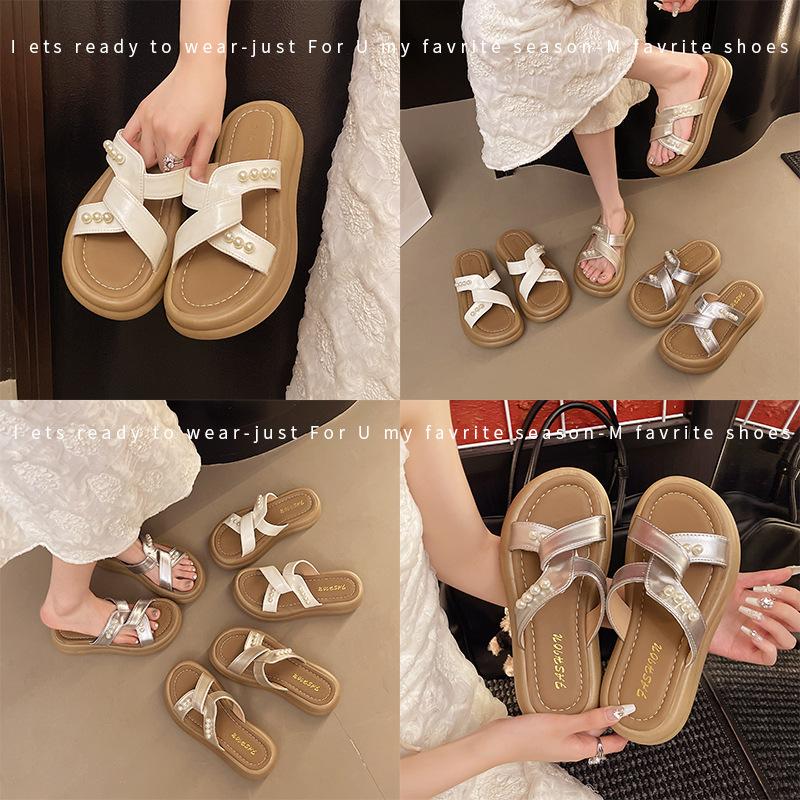 2025 Summer New Pearl High-end Soft-soled Slippers for Women To Wear, Step On Shit, Thick Bottom To Increase the Popularity of One-word Drag