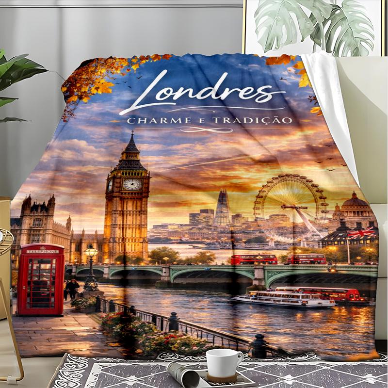 London Cityscape Sunset Scenery Fleece Printed Flannel Blanket, Warm Soft Throw Sofa Bed Blanket