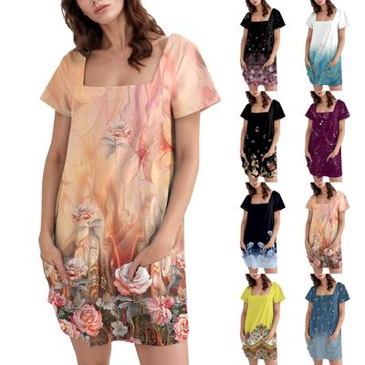 Women's Square Collar Short Sleeve Fashion Skirt Floral Print Pocket Casual Dress