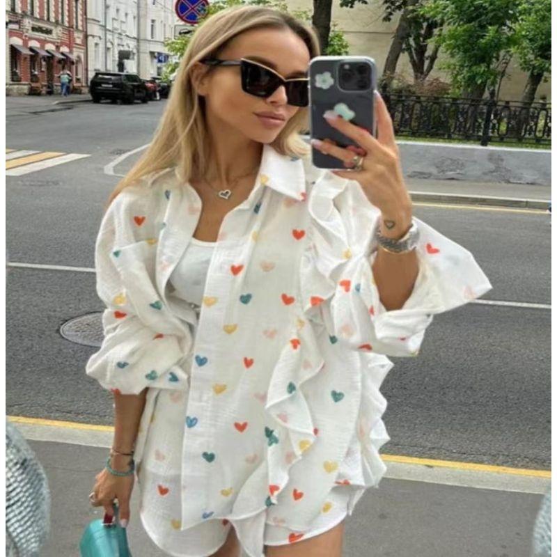 

Love Shirt and Shorts Set Fashion Heart Shape Printed Patchwork Stringy Selvedge Shirt Shorts Suit Color L