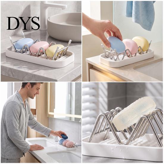 Bathroom Storage Accessories 3-Compartment Soap Rack, Stainless Steel Holder with Removable Case Water Tray Tray, Hollow Tilt Design Organizer