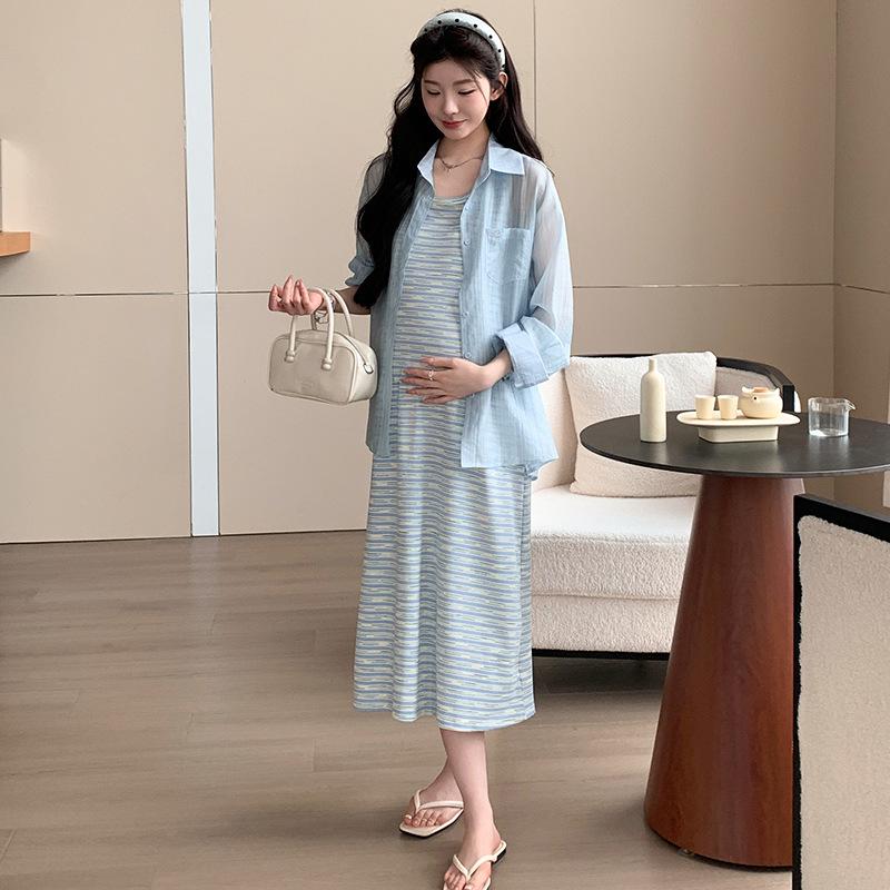 2026 Summer High-Elasticity Maternity Vest Dress & Korean Sun Protection Shirt Set M