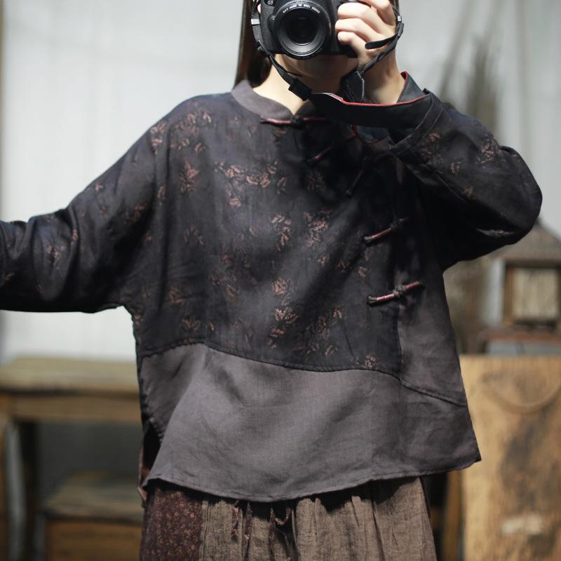 2025 Spring Color Block Linen Shirt: Elegant One-Shoulder Loose Long Sleeve with Half-High Collar