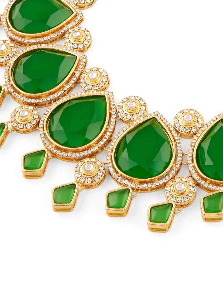 Green Stones Austrian Diamonds Embellished Bridal Necklace & Earring Set For Women