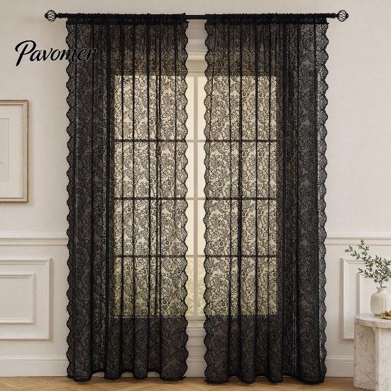 Romantischer Stil Vorhang 1 Panel Transparenter Spitzenvorhang, Vintage Floral mit Stangentasche, Transparente Vorhänge Lichtfilterndes Fenster für Wohnzimmer Schlafzimmer