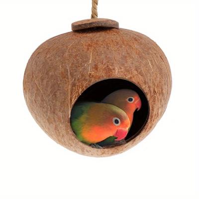 Natural Coconut Shell Bird Nest House with Hanging Lanyard for Pet Parrot Budgie - Unique Hand-Made Birdhouse Toys