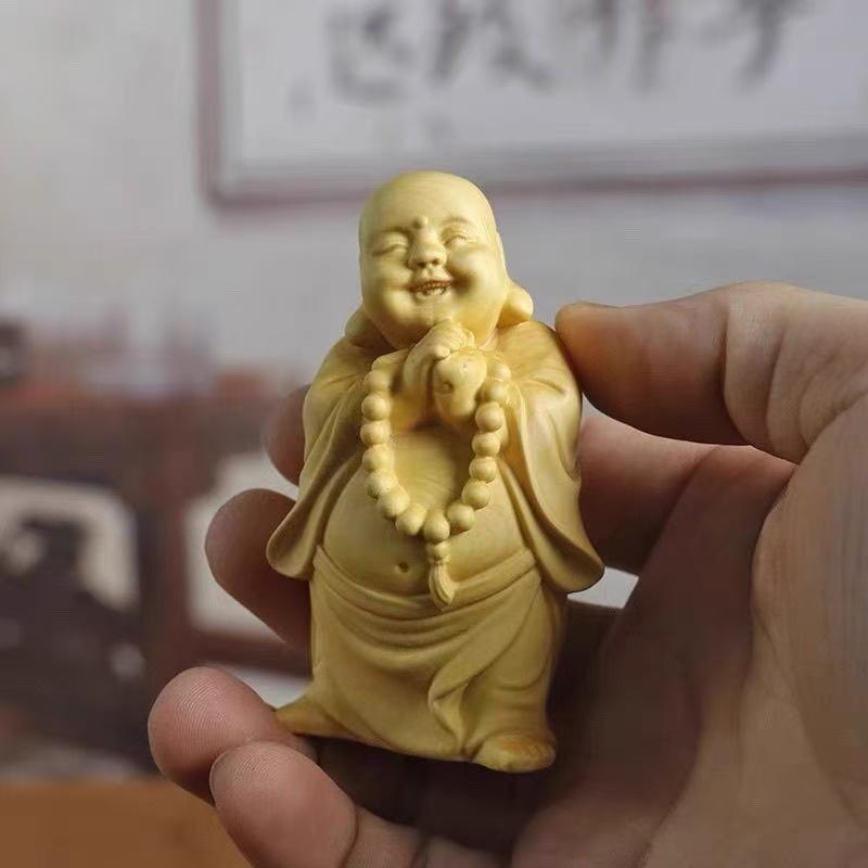 Wood Carving Laughlng Buddha Small Statue  Chinese Characteristic Craftsmanship Home, Room, Office Attracting Wealth Decoration