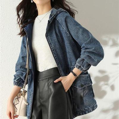 Receive Waist Denim Jacket Women's Spring And Autumn Fashion Korean Version Of Loose Plus Size Hooded Denim Casual Jacket Top