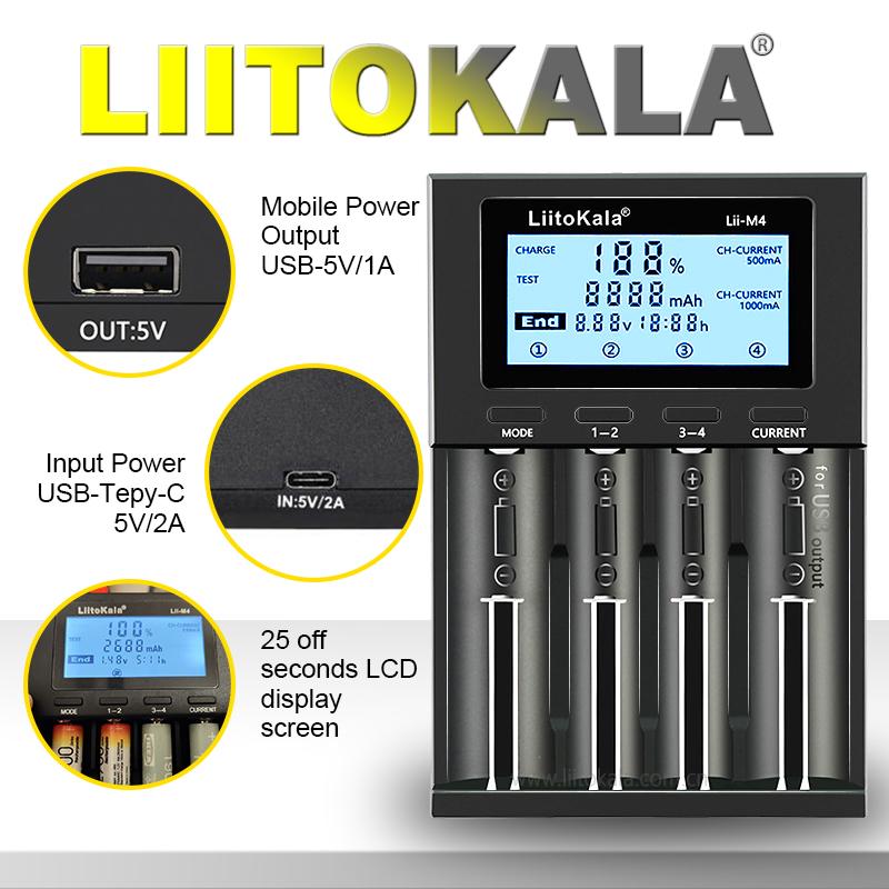 LiitoKala Lii-M4 18650 Charger LCD Display Universal Smart Charger Test Capacity 26650 18650 21700 AA AAA Battery 4slot 5V 2A