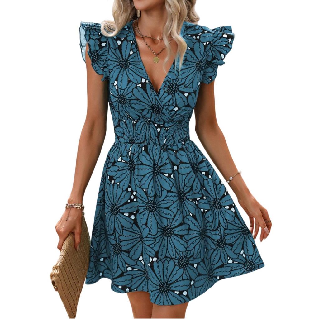 Women's Dresses V-Neck Waist Sexy Large Floral Ruffle Sleeveless Dresses
