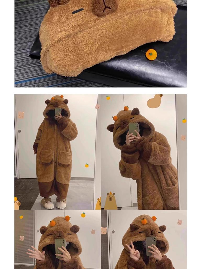 Women's Brown Bear Winter Pajama Set: Coral Fleece, Thick Flannel Nightgown & Bathrobe.