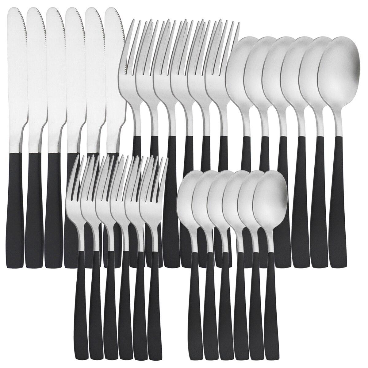 

Високоякісний матовий столовий посуд з нержавіючої сталі Набір столових приборів Ножі Виделки Чайна ложка Столовий посуд Срібний посуд Набір кухонного посуду для вечірки чорний/срібний