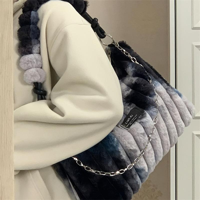 Borsa Tote Grande in Peluche da Donna con Tracolla/Manico Morbida Esterno in Peluche a Strisce Borsa Accogliente per, Viaggio, Uso Quotidiano