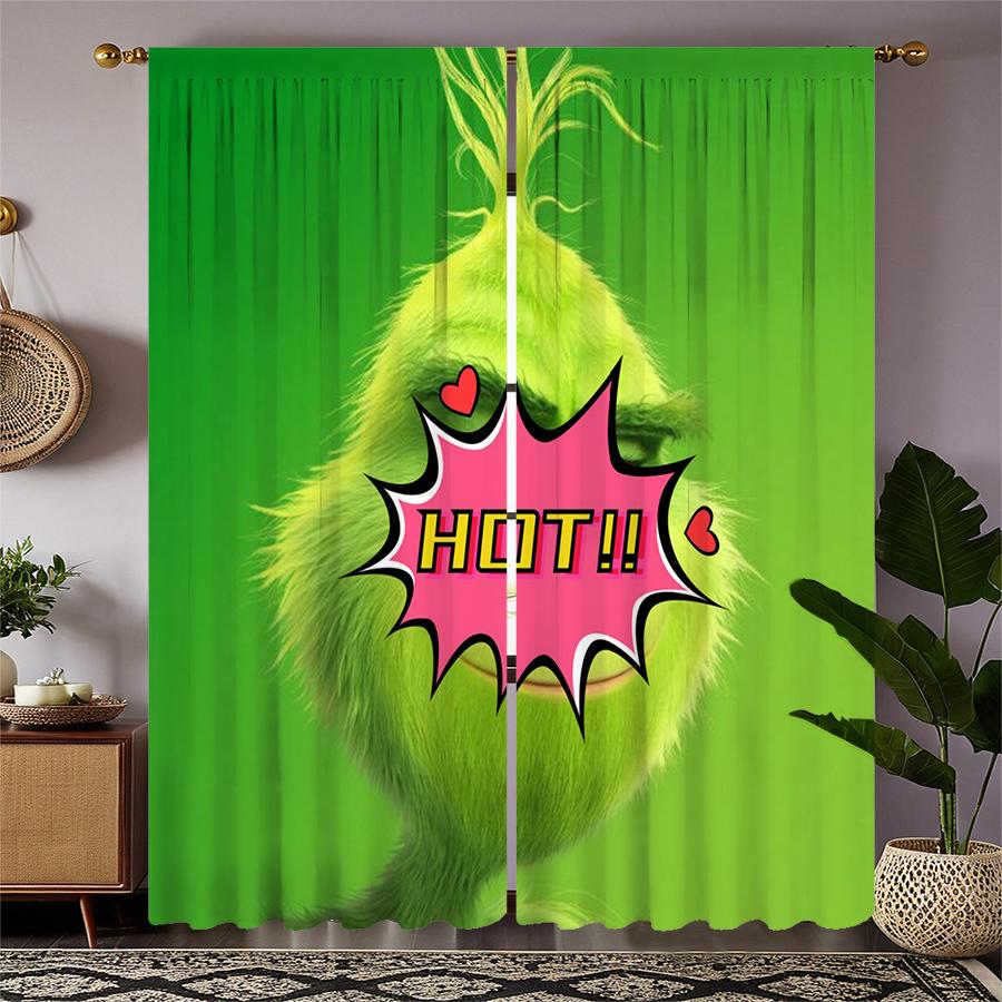 Green Cartoon Christmas Monster Print Curtains, Pole Bag Curtains, Christmas Decorations, Home Decorations, Room Decorations