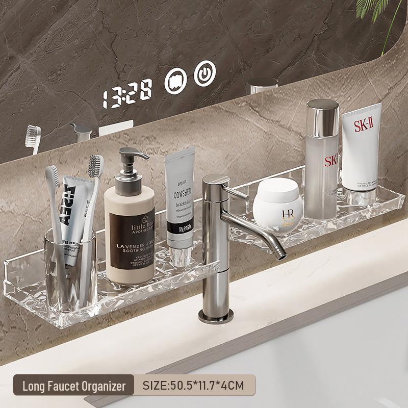 Wall-Mounted Luxury Bathroom Organizer: Punch-Free Washbasin Faucet & Mirror Cosmetics Storage Rack
