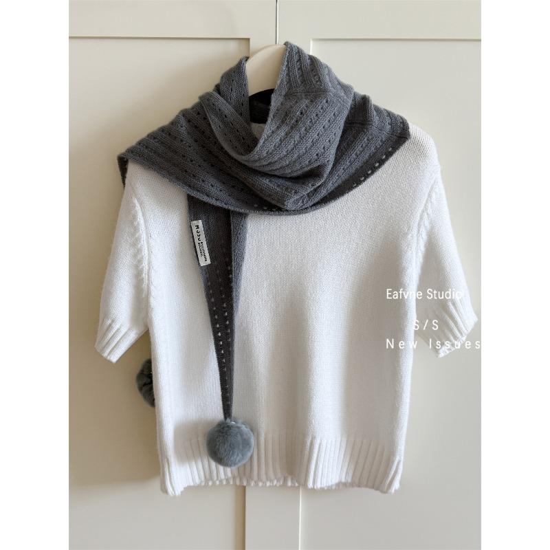 

Wool and Cashmere Shawls Suitable for All Seasons Women s Warm Autumn and Winter Knitted Rabbit Fur Ball Triangular Scarf Simple and Retro 138*31cm