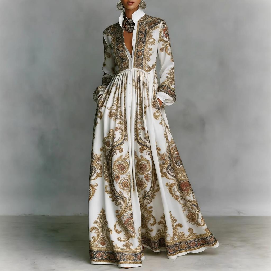 Cross-border European and American French Waist Slim Long-sleeved Printed Dress Elegant Retro Casual Dress Resort Style Women's Clothing
