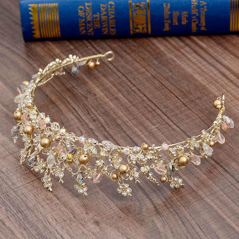Magnificent Gold Color Crystal Beads Bridal Tiaras Crown Flowers Bride Headband Baroque Pageant Diadem Wedding Hair Accessories