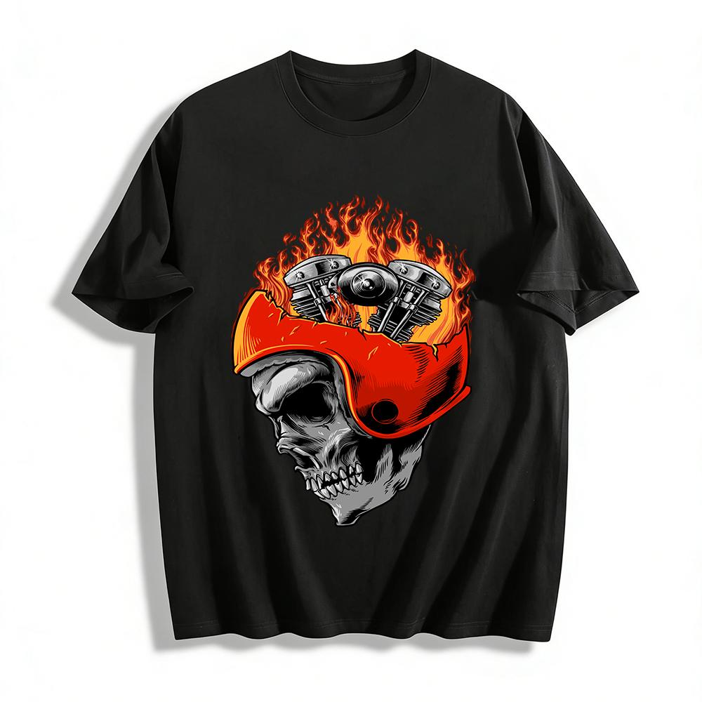 

Motorcycle Flame Skull Print Short Sleeve T-Shirt Pure cotton T-shirt XXS
