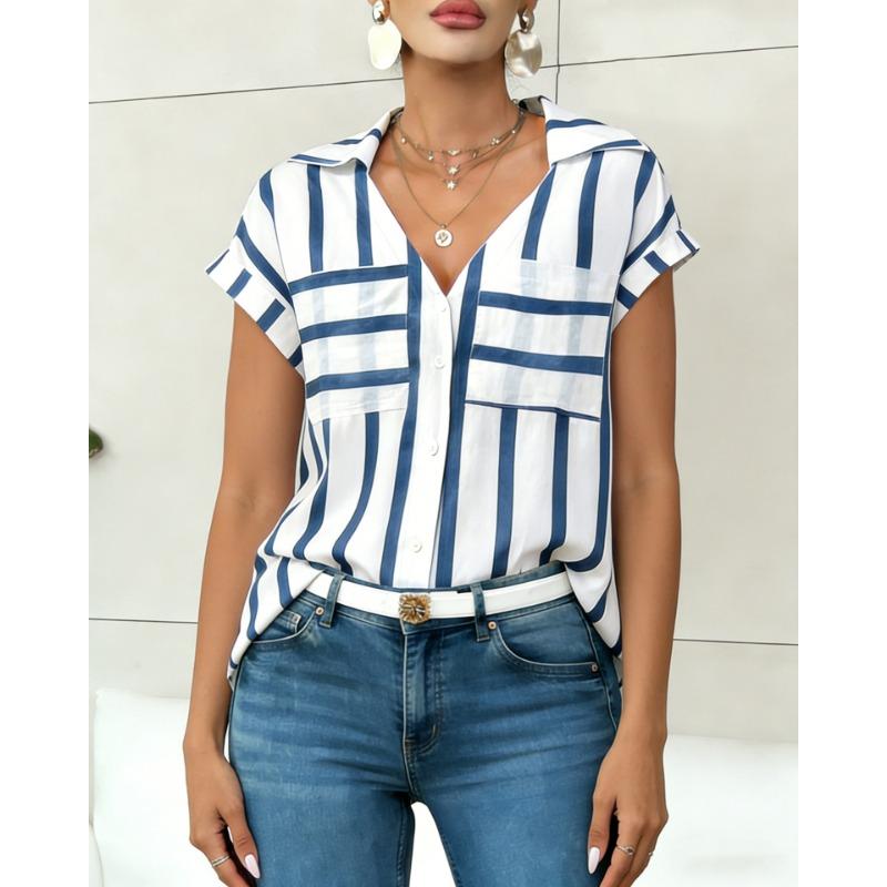 Womens Striped V Neck Short Sleeve Blouse With Pockets Casual Button Down Collared Shirt