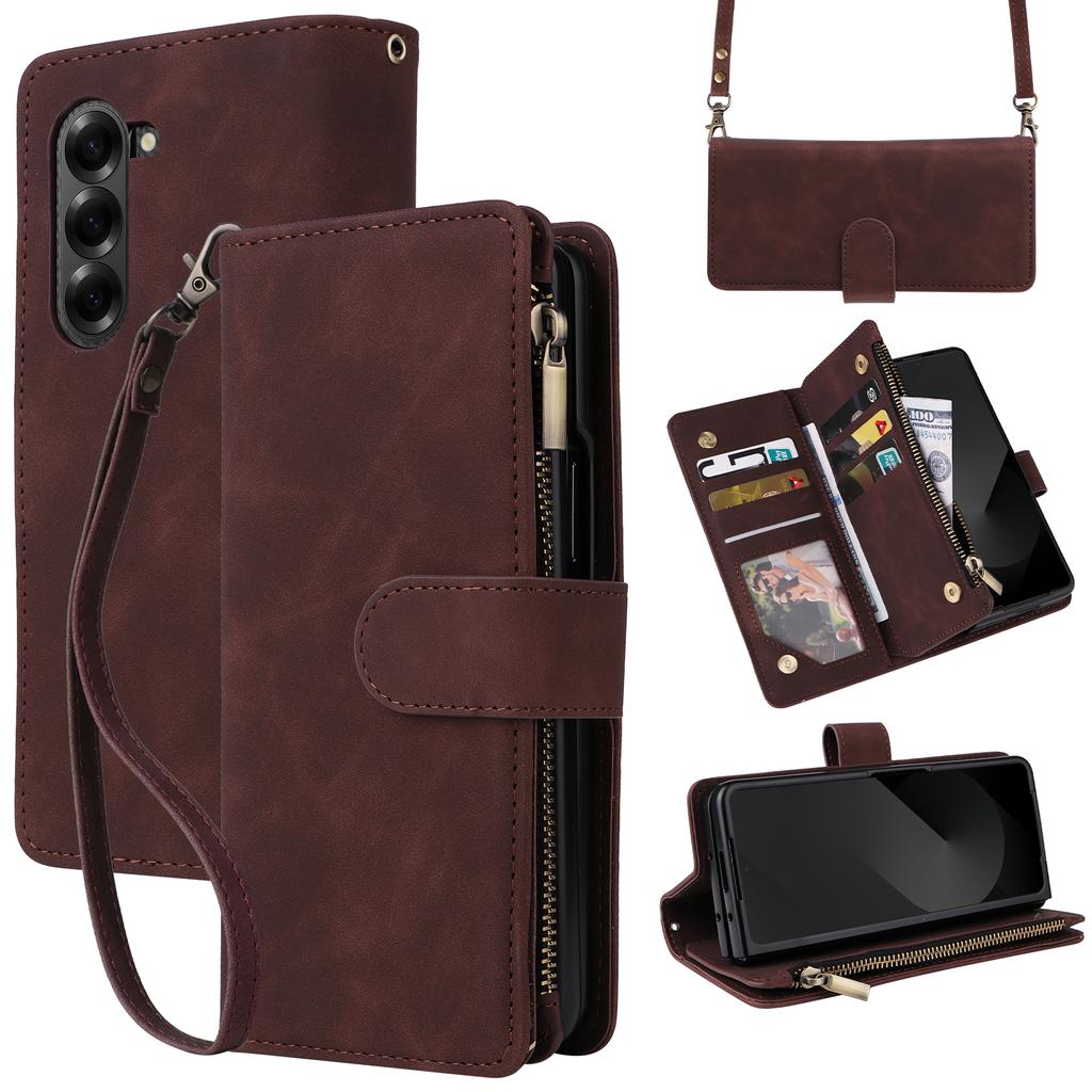 For Samsung Galaxy Z Fold6 5G Case Zipper Multi-Pocket Wallet Leather Phone Cover with Shoulder and Wrist Straps