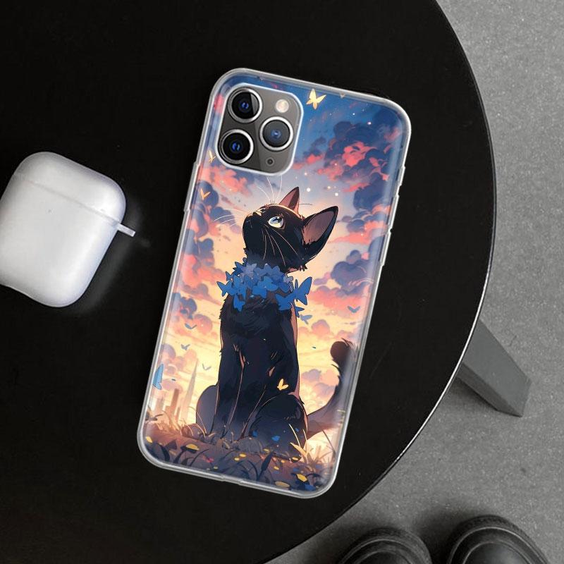 Anime Cute Black Cat Meow Phone Case Cover for iPhone 11 12 13 Mini 14 15 Plus 16 Pro Max 17 Air 7 8 + SE Art Customized Fundas