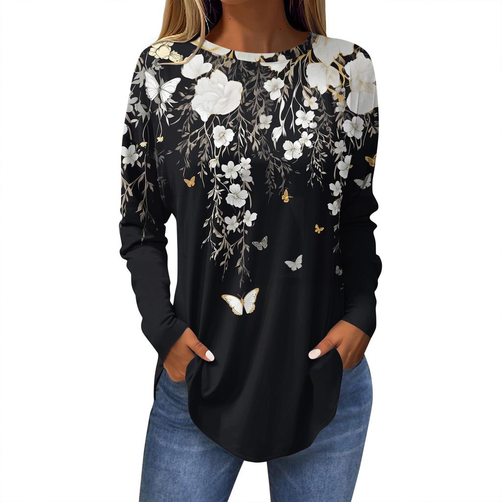 Damen T-Shirts Niedlich Vintage Musterdruck T-Shirt Langarm Tunika Oberteile Baumwolle Pullover