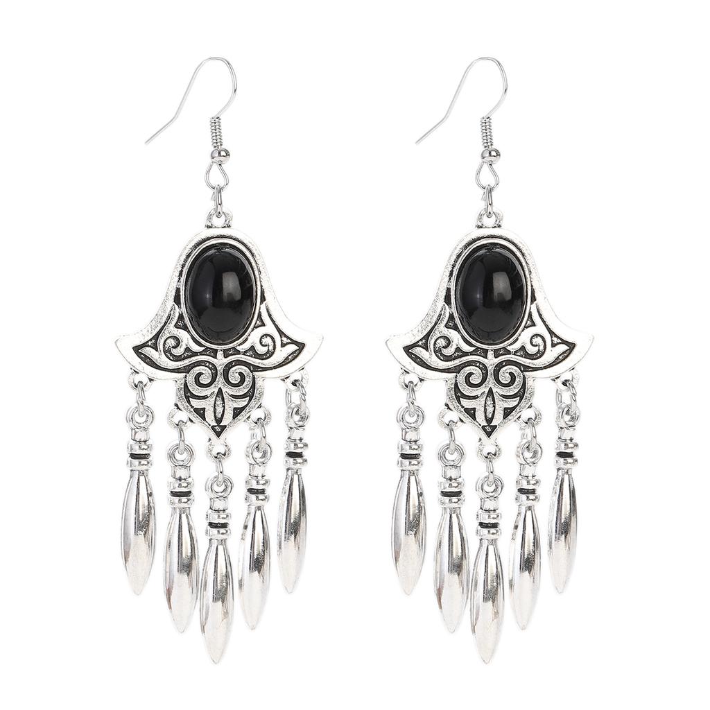 Vintage Ethnic Natural Stone Indian Earrings Jhumka Female Antique Silver Plated Geometric Carved Earrings Party Tassel Jewelry