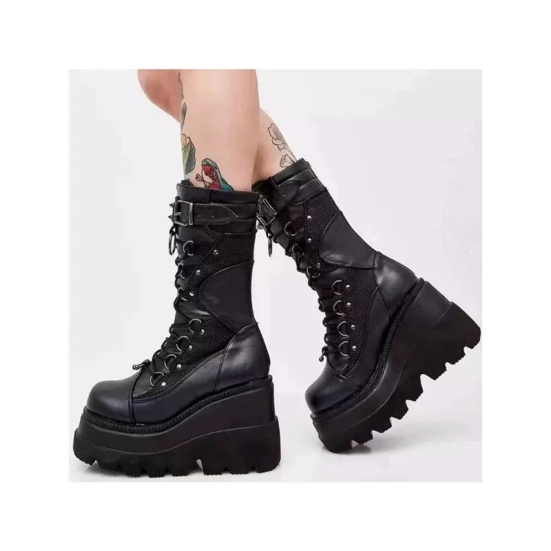 Fashion Women High Boots Cosplay Mid-calf Boots High Platform Wedges Boots 2024 Autumn Winter New Designer Gothic Shoes for Women Botas