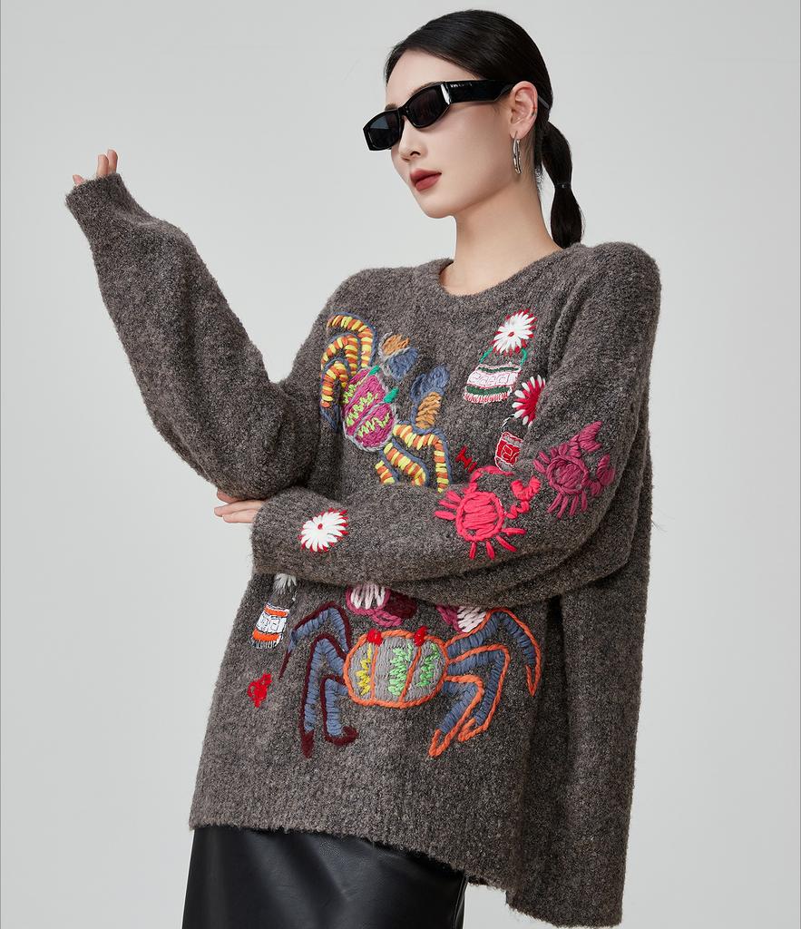 Dimanaf 2025 Women Autumn Embroidery Sweater Design Basic New Fashion Tops Tees Casual Loose Tees