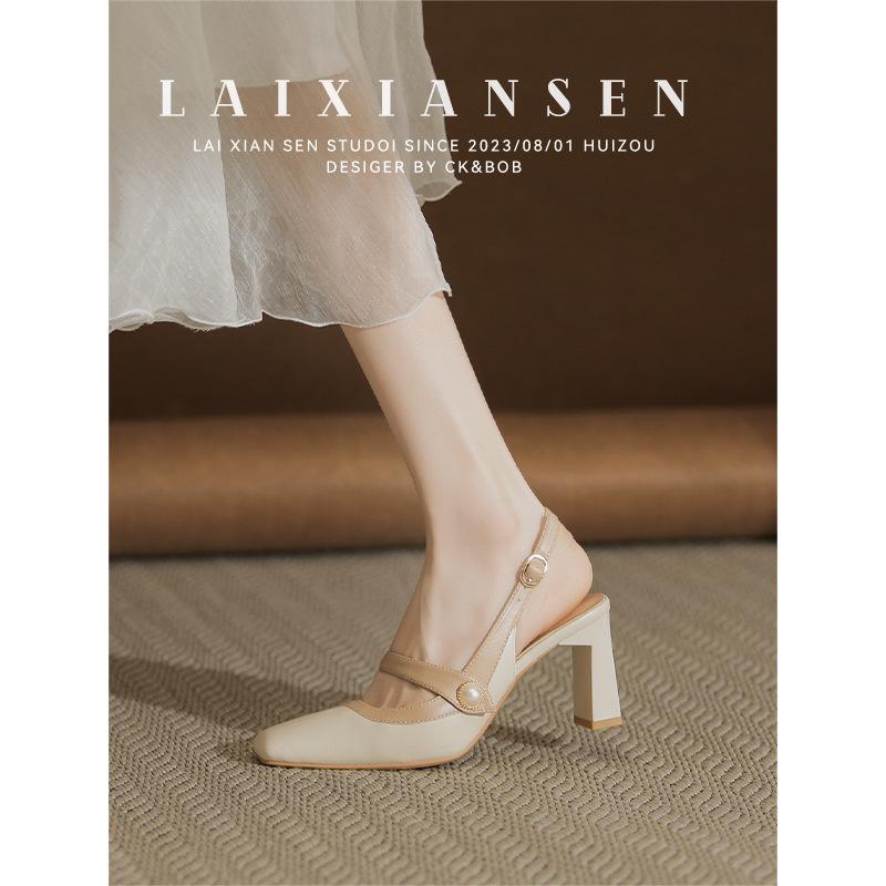 

French bag head sandals summer new thick heel square head cheongsam single shoes nude Mary Jane women s shoes new Chinese high heels 35