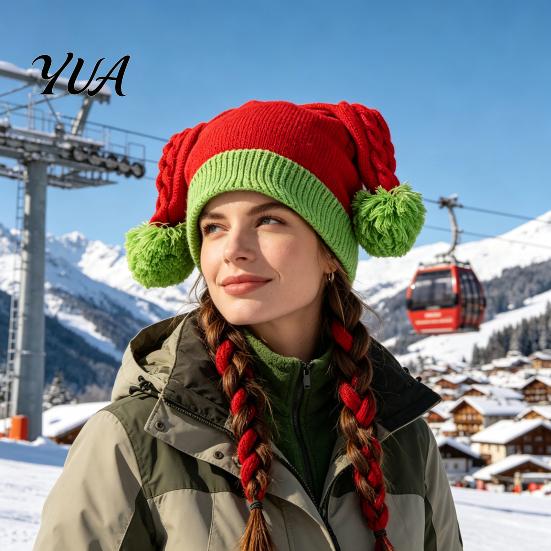 Feminine Pom Hat Women Christmas Elf Hat, Cozy Winter Knit with Stretchy Knitted Cap Pom, Warm Skull for Outdoor Cold Weather Stylish Girls