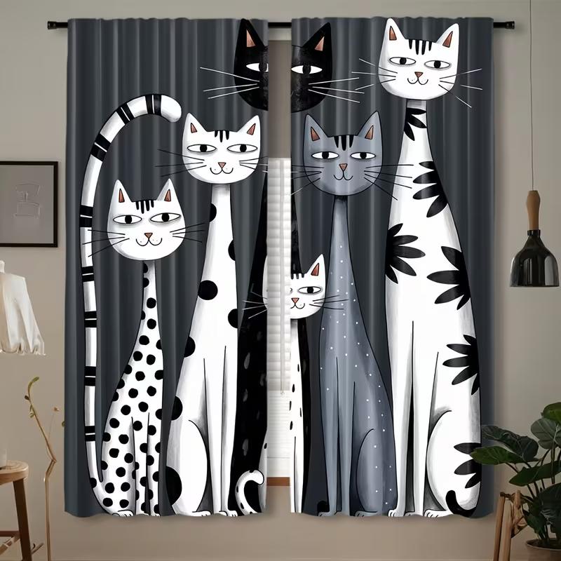 Vikama Cat Cute Print Curtains Living Room Bedroom Study Bathroom Privacy Protection Home Decoration Curtain Modern Polyester Washable Sitting Ready