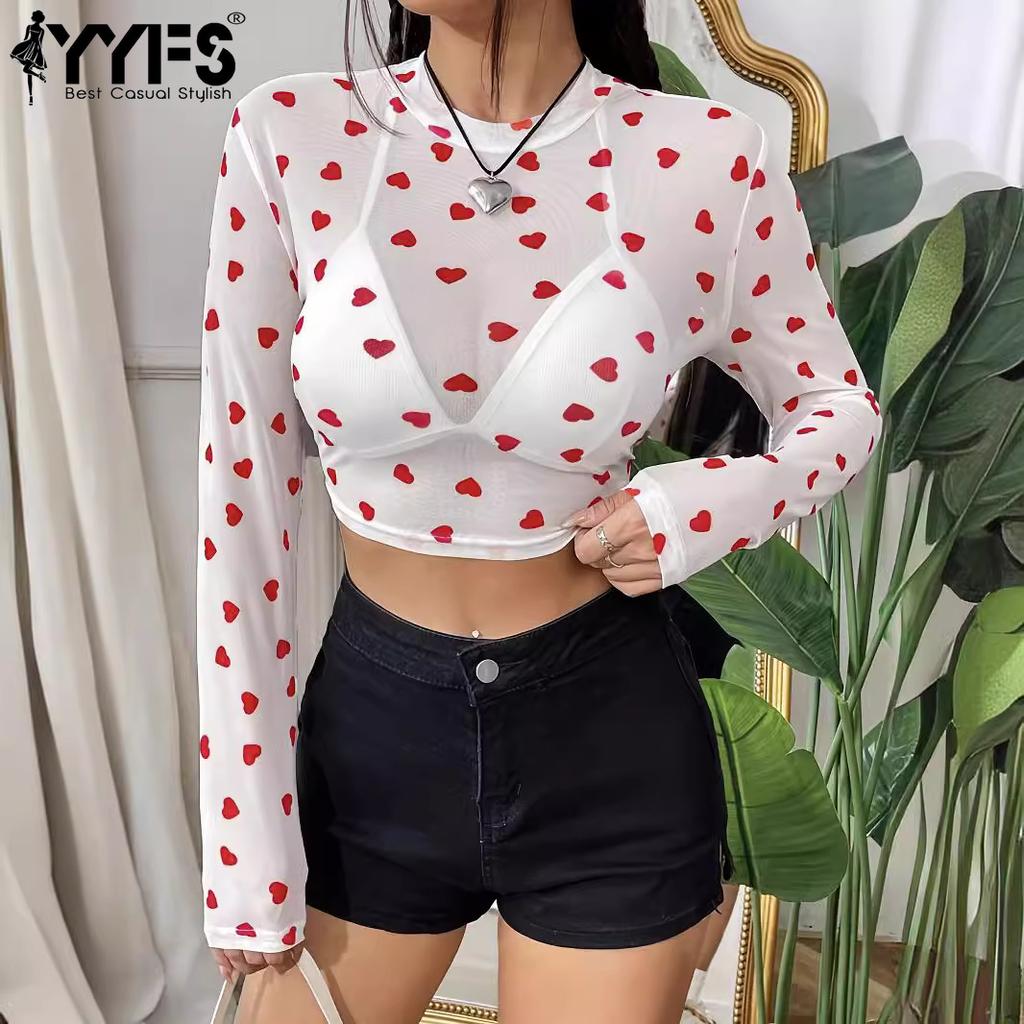 YYFS Camicette e camicie a maniche lunghe con scollo a V e stampa di lettere d'amore, casual, primavera-autunno, da donna