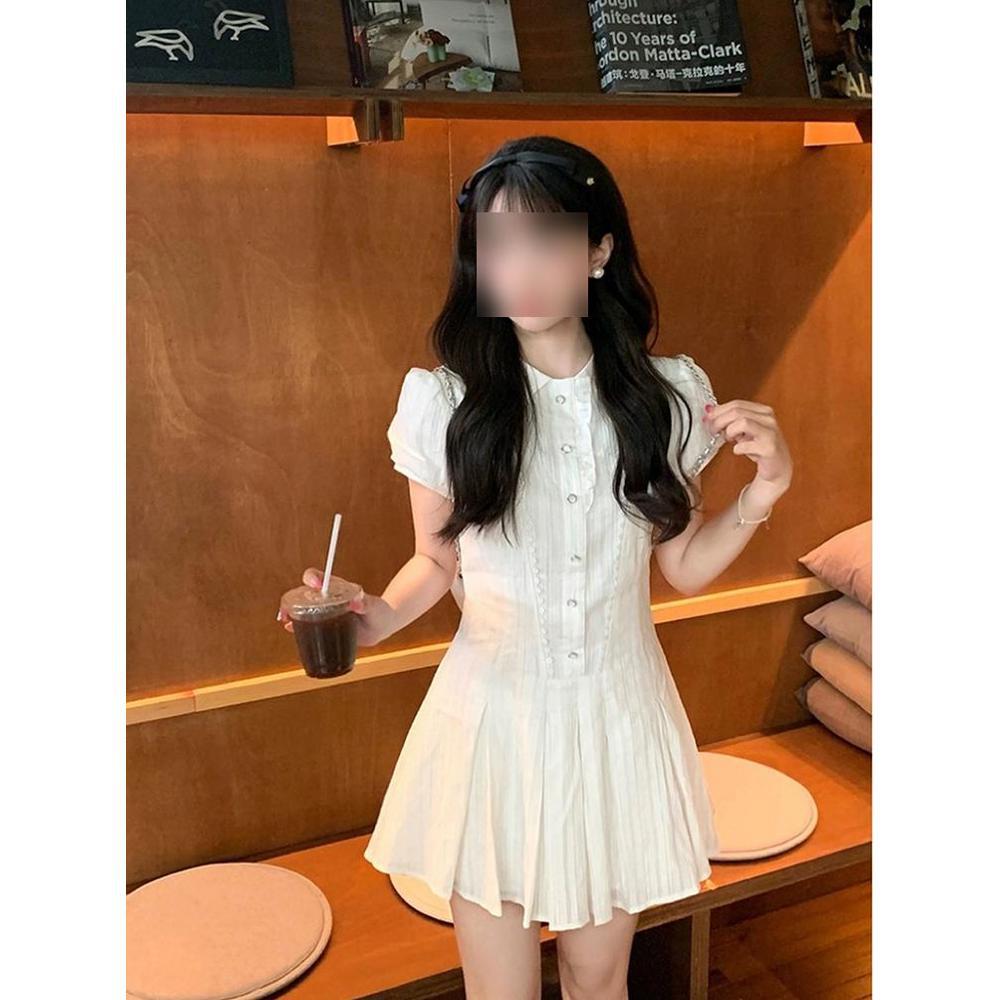 College lapel bubble sleeve shirt dress casual temperament elegant women's summer sweet style slim dress