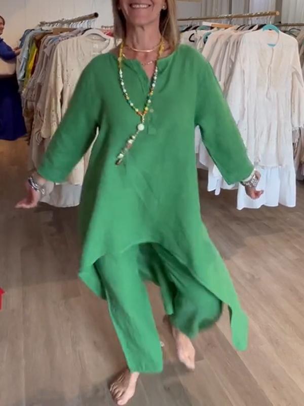 Women's Solid Color Casual Cotton Linen Long-Sleeved Summer Set