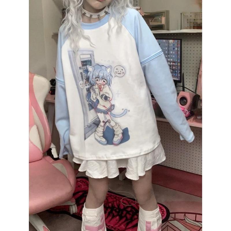 2KWEIRD Y2k Ästhetik Abnehmbarer Ärmel T-Shirt Damen Kawaii Katzenprint Grunge Oberteile Japanisches Harajuku T-Shirt Fairycore E-Girl Streetwear
