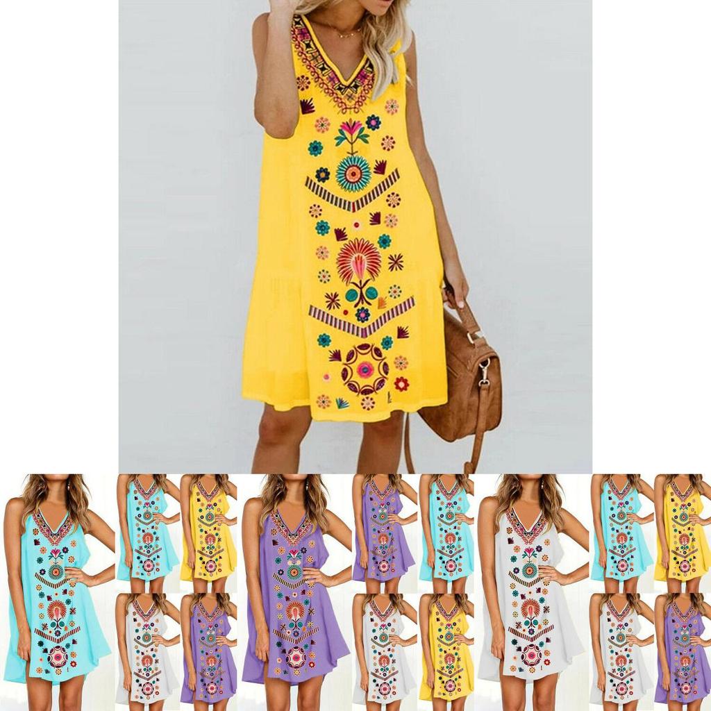 Womens Midi Dress Sleeveless Boho Beach Casual Floral Sundress Perfect For Summer
