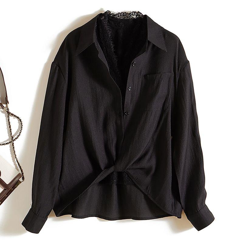 

Simple Artistic Female Owner Two-piece Set! Water Soluble Lace Sleeveless t-shirt + Irregular Ramie Yarn Single Breasted Shirts Black L