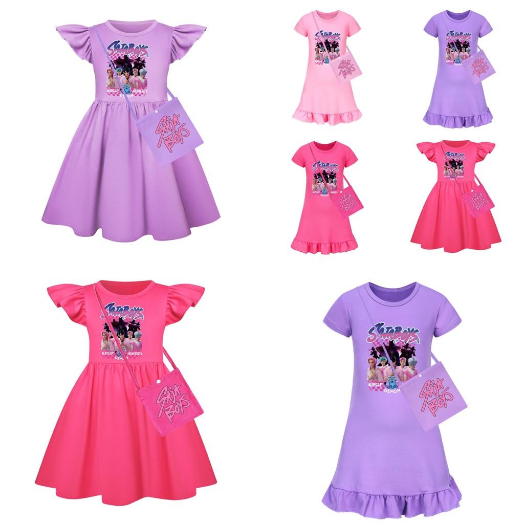 Kpop Demon Hunters Girl Short Sleeve Sleep Dress With Ruffle Hem For Kids Bedroom Wear