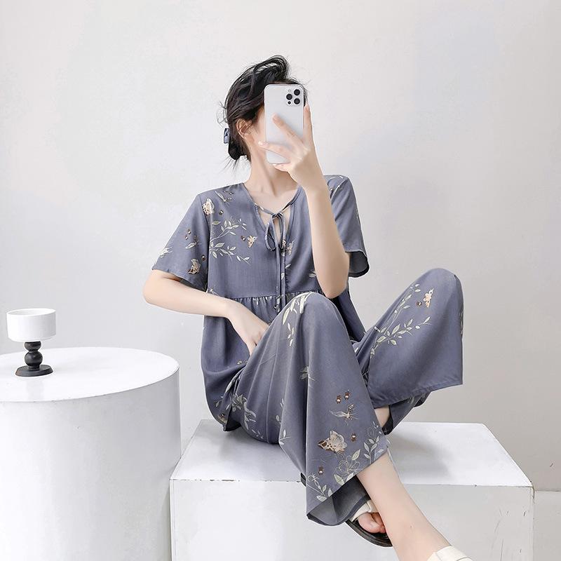 1011 New Spring and Summer Cotton and Silk Pajamas Women's Short-sleeved Trousers Round Neck Thin Fashion Casual Cute Loungewear Cover