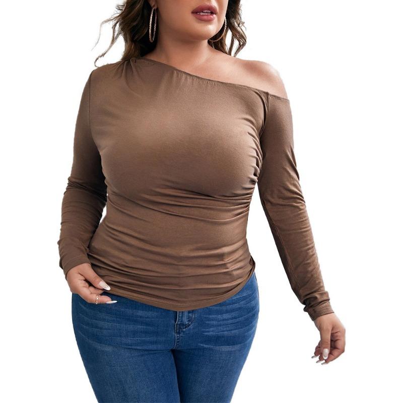 

Повседневный вырез «лодочка» с открытыми плечами. Облегающий укороченный топ. Женская шикарная футболка с длинным рукавом. Эластичная талия. Укороченный топ больших размеров. Свободный укороченный топ. 3XL темно-коричневого