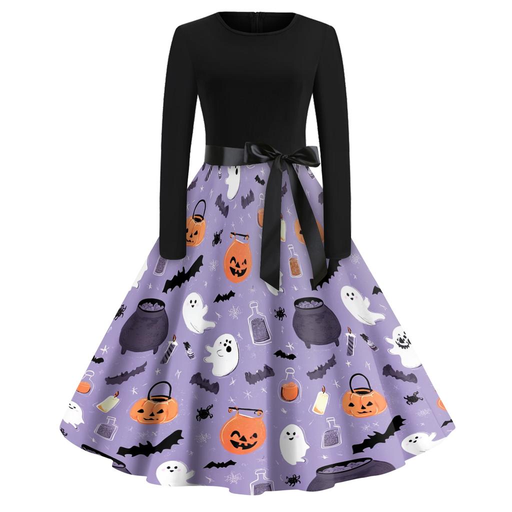 Women's Casual Vintage Halloween Dress Long Sleeve Round Neck Retro Print Fit and Flare Midi Dress with Waist Tie Belt