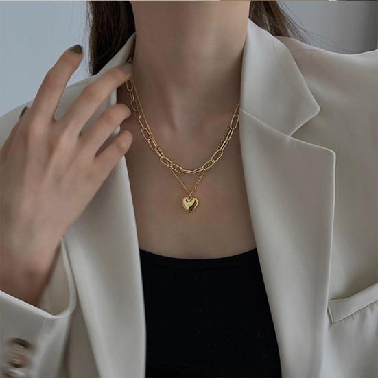Women Necklace Heart Pendant Double-layered Hip Hop Style Alloy Polished Adjustable Club Party Neck Jewelry